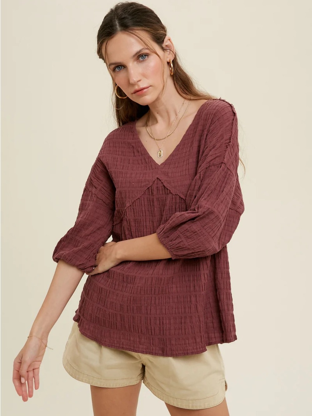 Wishlist Apparel Audrey Babydoll Blouse Wine Burgundy Crinkle Gauze S/M Boho Top